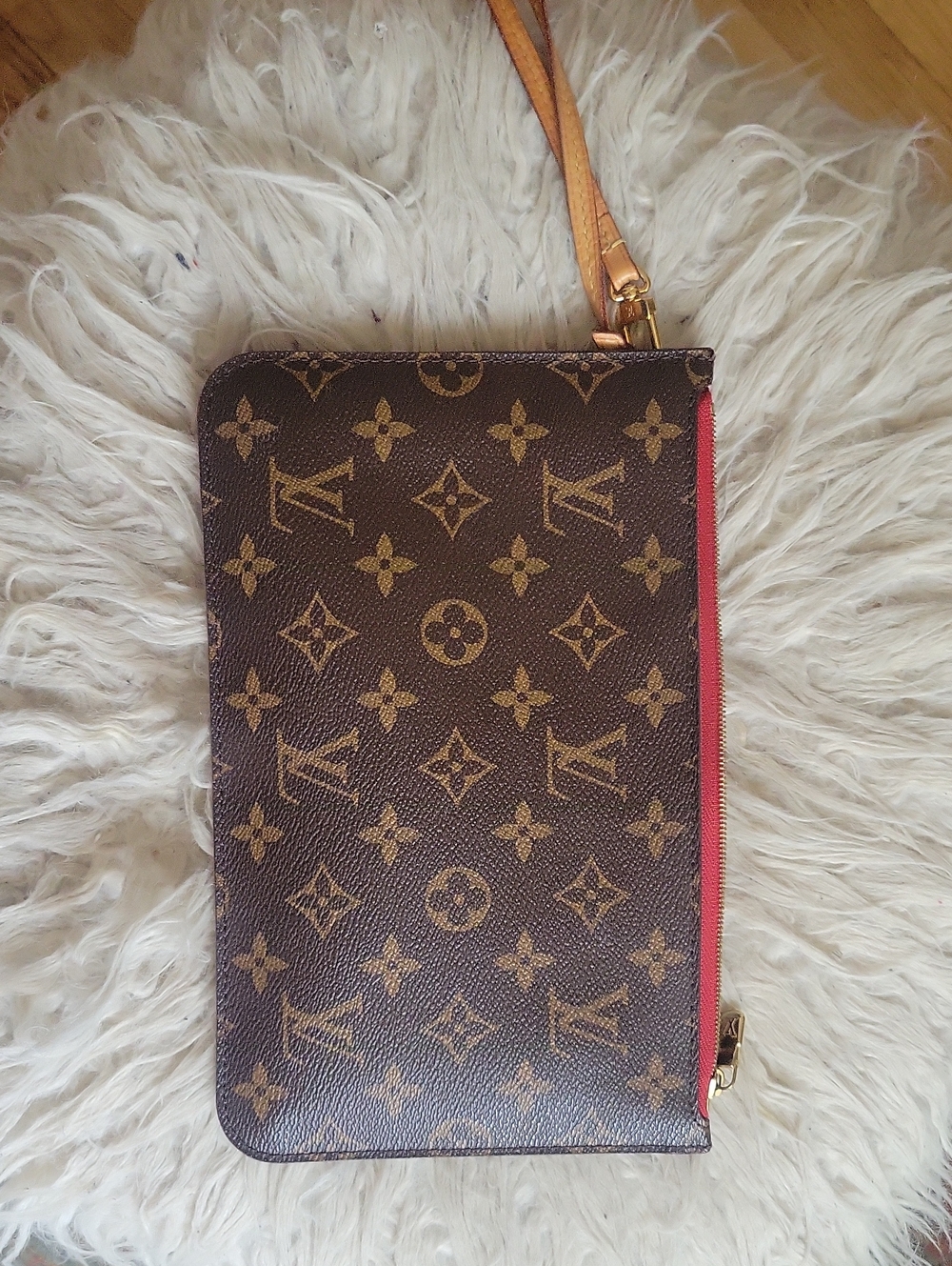 Louis Vuitton Brown Monogram Canvas Wristlet with Red Trim
